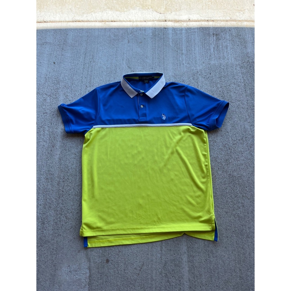 US Polo Assn Mens Performance Polo Shirt Blue Lime Green Color Block Large